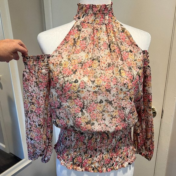 1. State Tops - 1.State Flower print mock neck cold shoulder blouse, Size Small